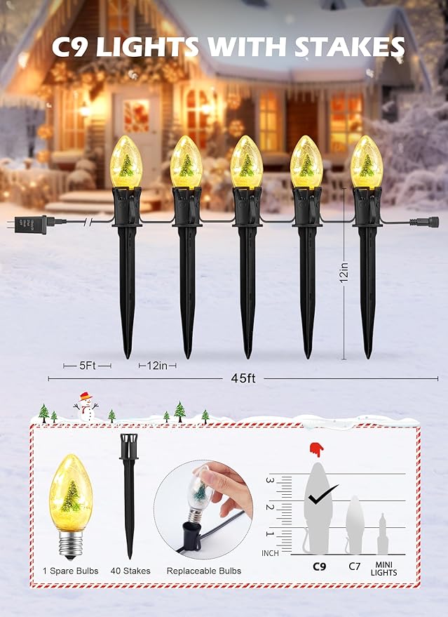 C9 Christmas Pathway Lights Outdoor, 45Ft 40 LED Christmas String Lights with Stakes, 4 Light Modes, Waterproof Connectable Christmas Decorations for Outside Lawn Yard Sidewalk Driveway, Warm White