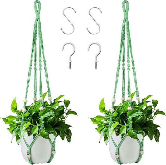 Augshy Macrame Plant Hangers Green Hanging Planters for Indoor Outdoor Home Decor, Hanging Plant Holder No Tassels Set of 2 with 4 Hooks