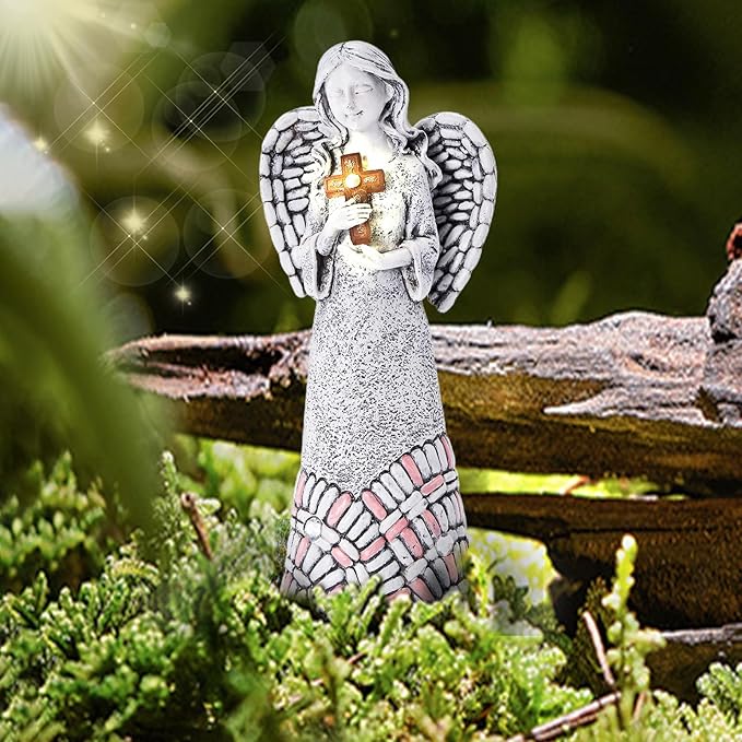 Angel Garden Statues Outdoor Solar Decor Gifts for Women Cross Praying for Cemetery Backyard Lawn Yard Decoration（10.24inch）