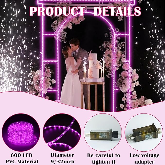 50Ft 600 LED Rope Lights Outdoor, Pink Flexible Tube Light Waterproof Plug in 8 Modes Timer Memory, Permanent String Lights for Tree,Pool, Bedroom, Fence, Garden, Indoor, Outside Decorations