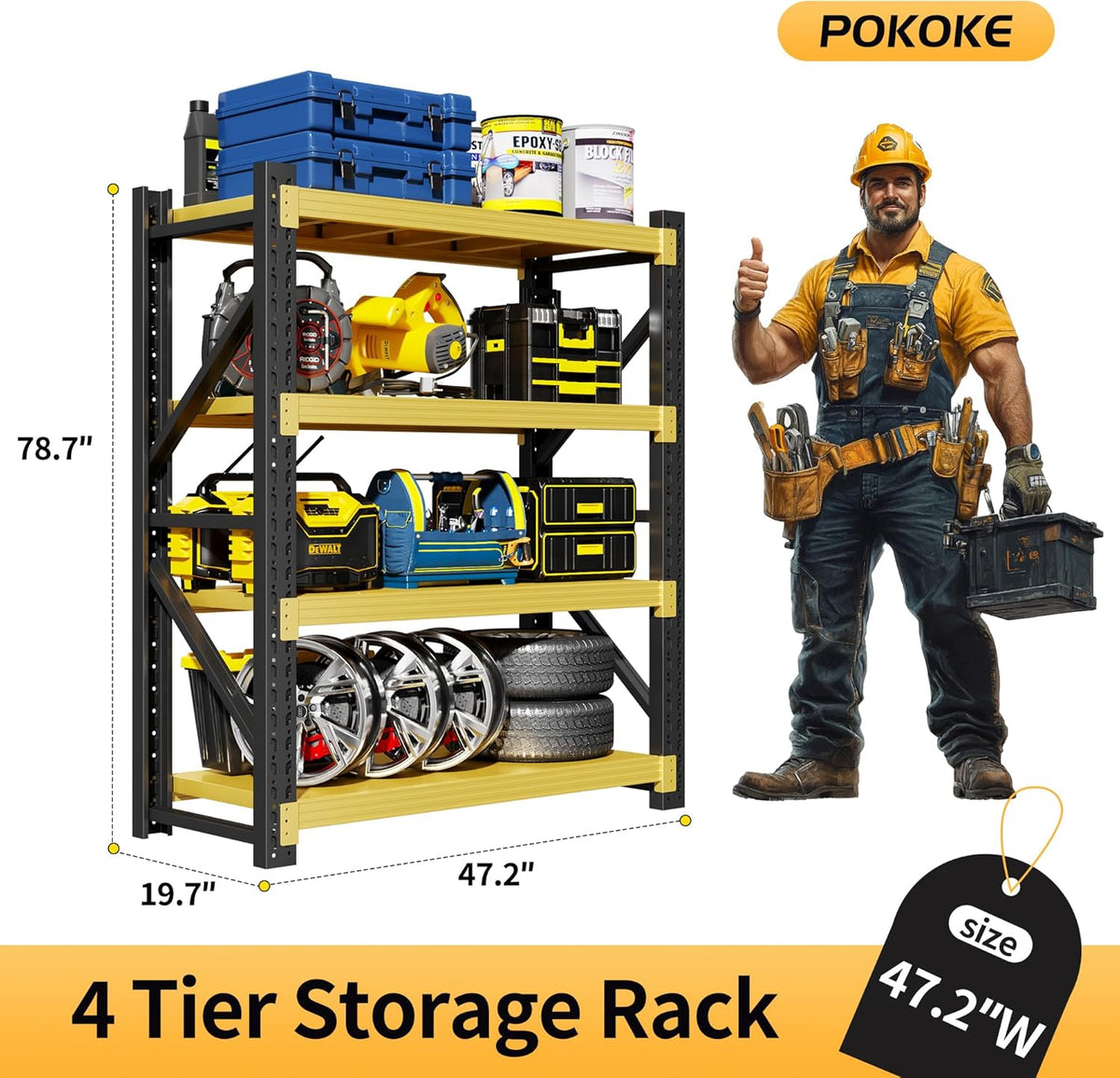 Garage Shelving Unit, 4 Tier Heavy Duty Racks, Easy Assembly, Metal Racks with Adjustable Shelves, 3000 LBS Load Capacity,for Warehouse,Basement (Black&Yellow, 19.7" D x 47.2" W x 78.7" H)