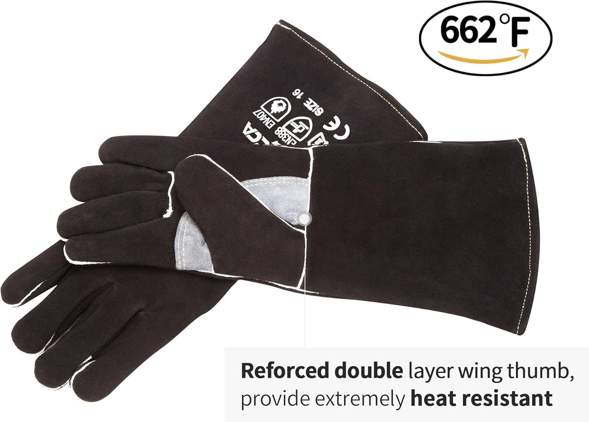 RAPICCA Fireplace Gloves Fire Heat Resistant: Black 14IN - Fireproof Leather for Fireplace Fire Pit Wood Stove Campfire Furnace BBQ Grill Oven Stick Mig Welding Welder Gear - Birthday Gift for men