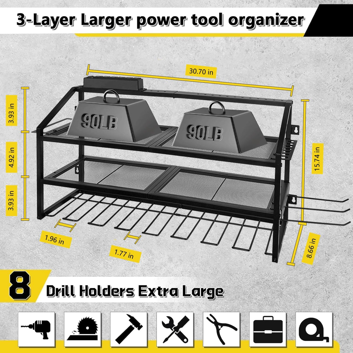 Power Tool Organizer Wall Mount with Charging Station, 3 Layer Storage Rack and Tool Holder for Garage Organization, 8 Drill Holder Wall Mount and 6 Outlet Power Strip