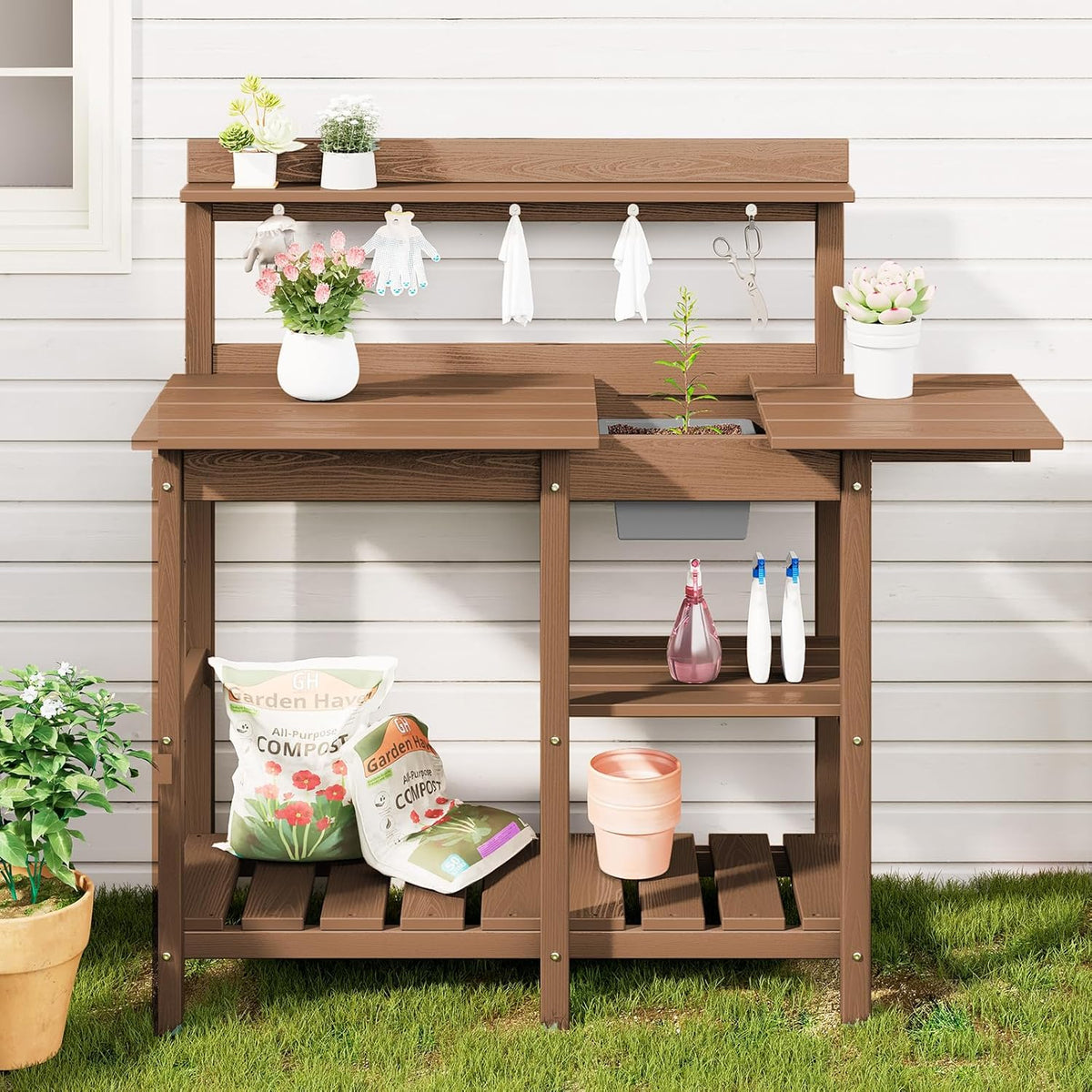 SERWALL Potting Bench Outdoor Potting Table with Sink, HDPE Potting Benches for Outside Gardening Table All Weather Use- Brown