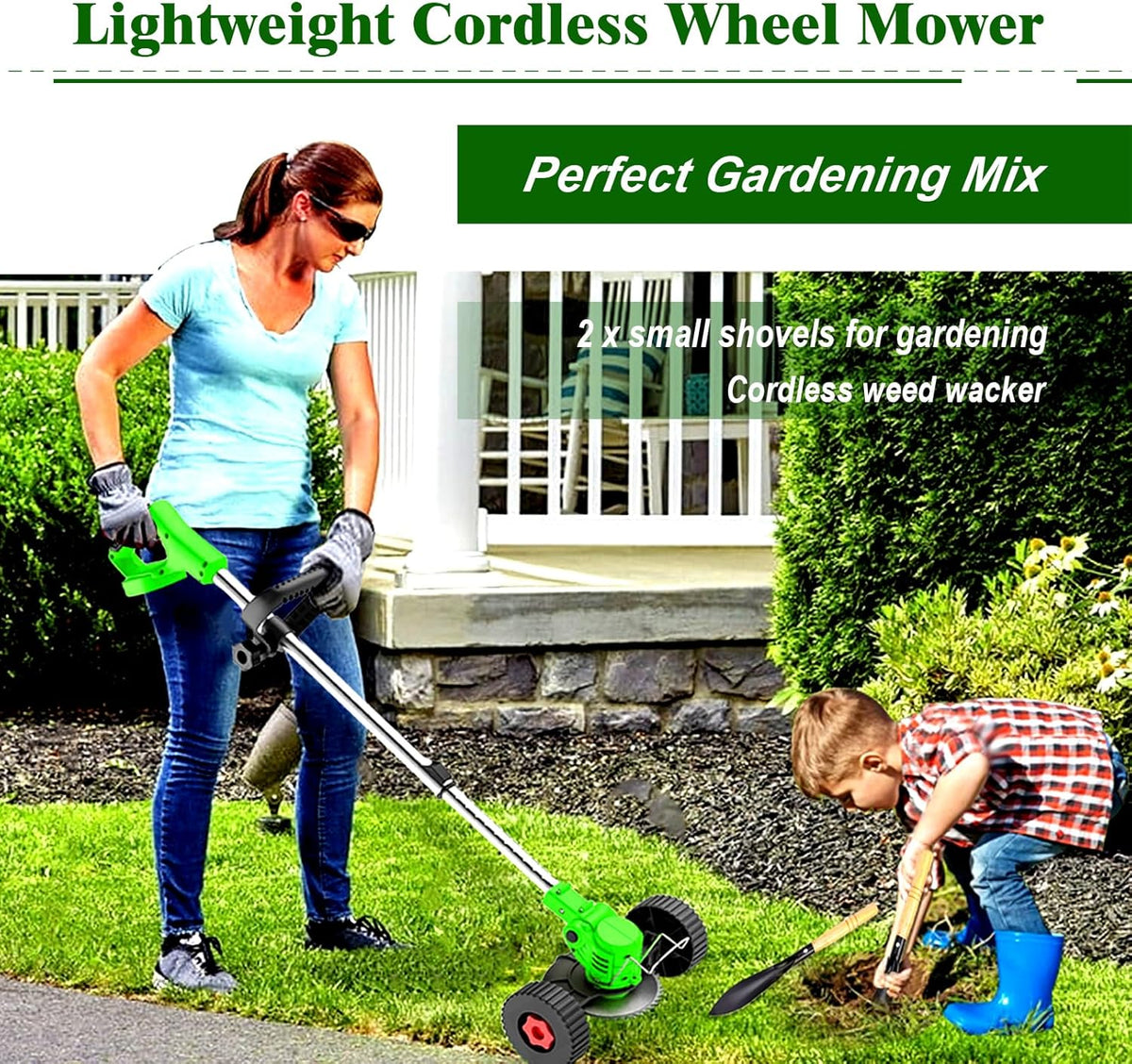 Electric Weed Wacker Eater Cordless Battery Powered, Weed Trimmer 21V Lightweight No-String with 2 Battery Operated & Wheels, 3 in 1 Stringless Grass Trimmer/Edger/Brush Cutter for Garden Yard Lawn