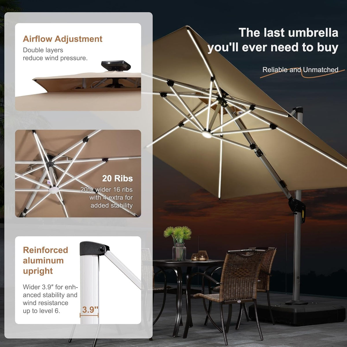 PURPLE LEAF 10' X 13' Double Top Deluxe Solar Powered LED Rectangle Patio Umbrella Offset Hanging Umbrella Outdoor Cantilever Umbrella, Beige