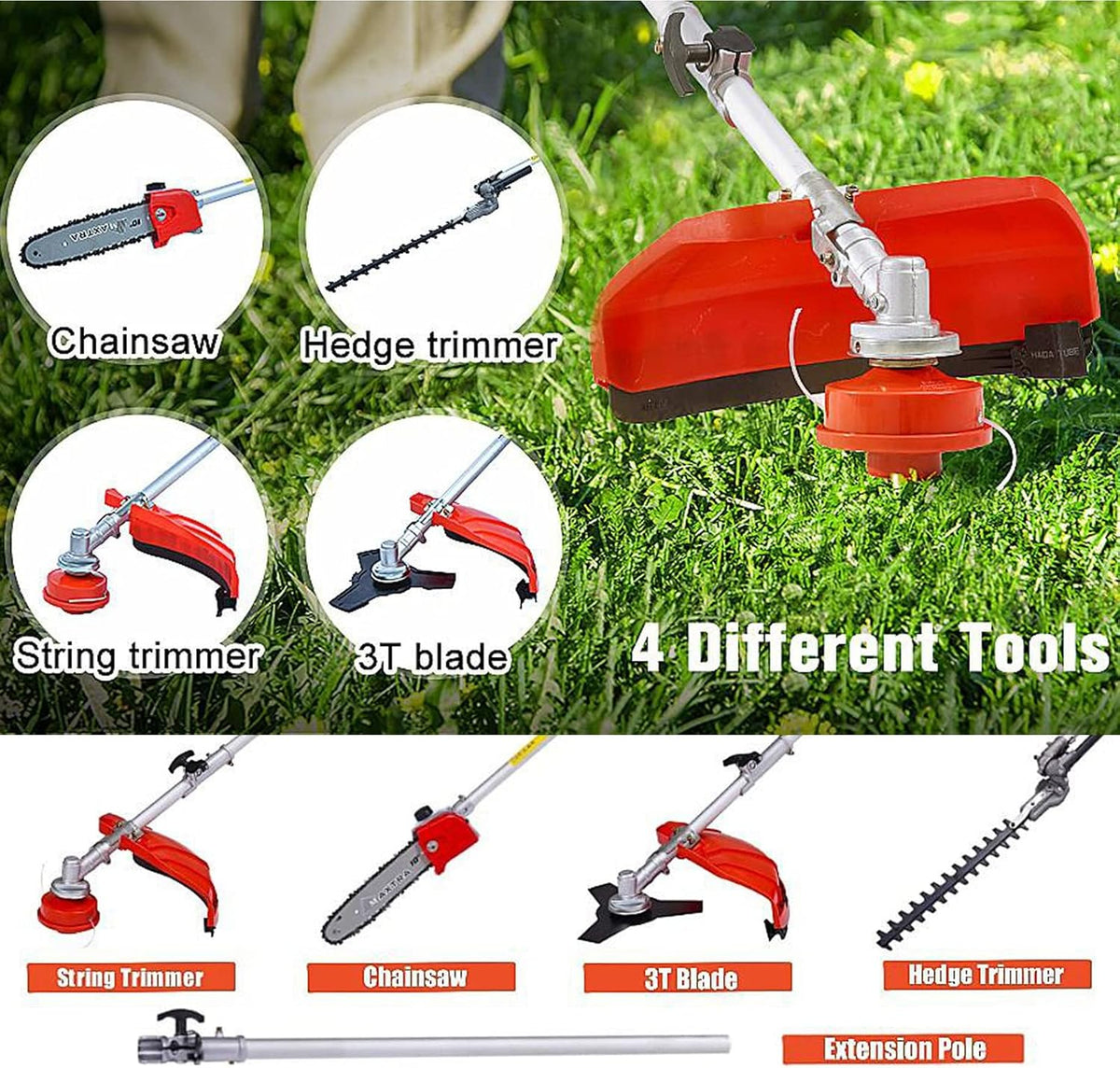 Weed Eater Gas Powered 52cc - 2 Cycle, 5 in 1 Grass Trimmer, Gas Hedge Trimmer, String Trimmer, Brush Cutter, Pole Saw with Extension Pole, Multi Functionallandscaping Tools & Equipmen Red