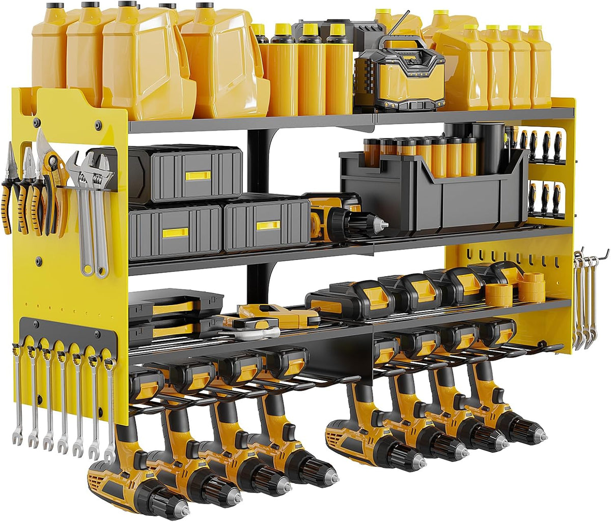 Power Tool Organizer Wall Mount with 8-Drill Holders-600Lbs Load Heavy Duty Metal 4-Layers Garage Storage and Organization Adjustable Battery Tools Rack Utility Racks Gifts for Men