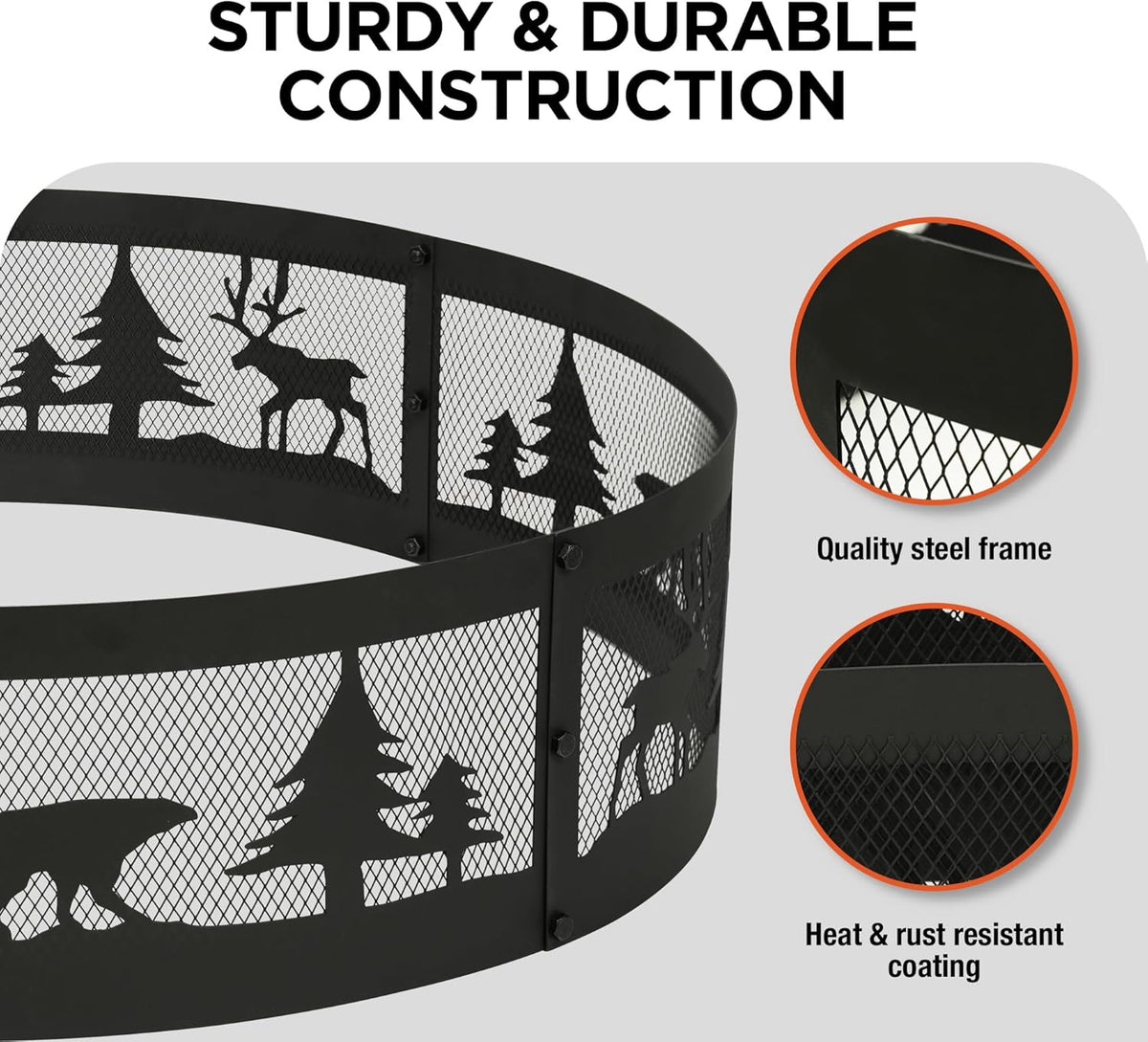 Red Mountain Valley 36 Inch Fire Pit Ring with 360° Forest & Wildlife Design, Portable Steel Wood Burning Firepit Ring for Outdoor Camping, Bonfires, Beach,Patio, fire Pit kit, Black