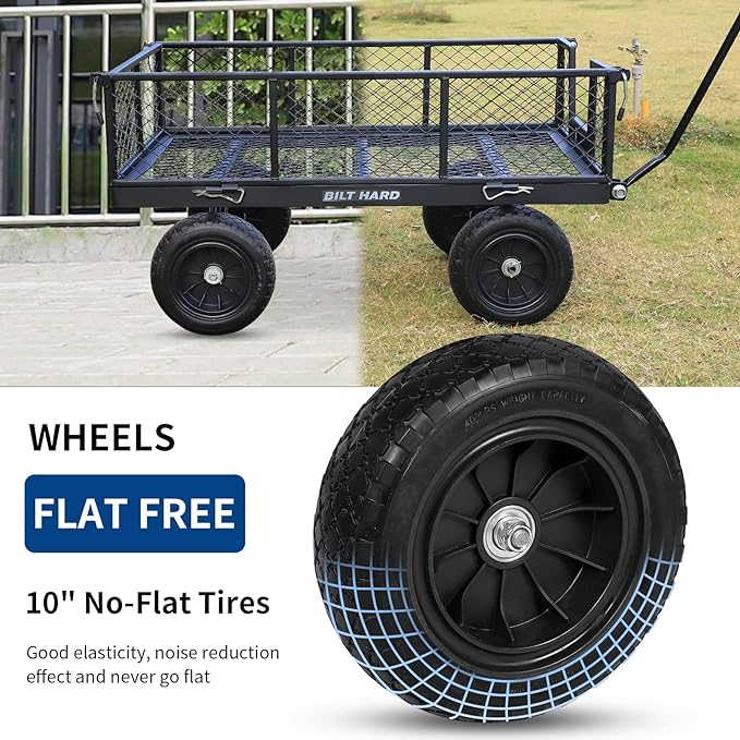 BILT HARD 880 lbs 10" Flat Free Tires Steel Garden Cart with 180° Rotating Handle and Removable Sides, Heavy Duty 4 Cu.Ft Capacity Utility Garden Carts and Wagons, Black