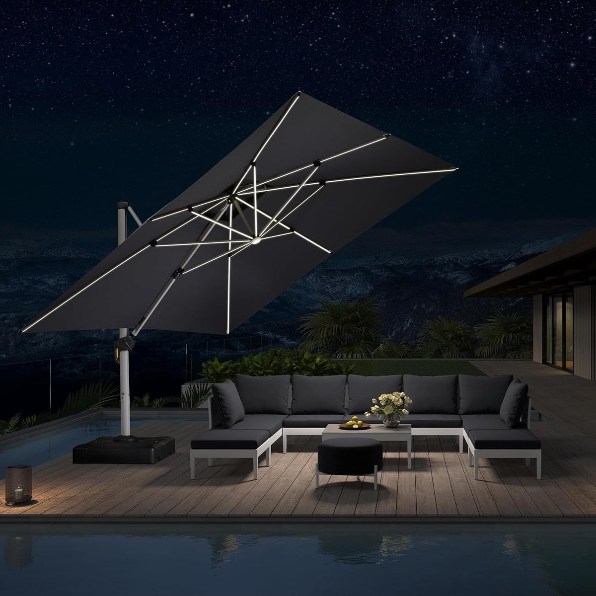 PURPLE LEAF 12 Feet Double Top Deluxe Solar Powered LED Square Patio Umbrella Offset Hanging Umbrella Outdoor Cantilever Umbrella, Grey