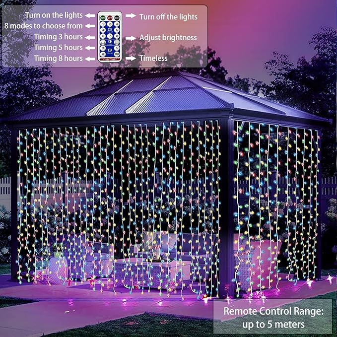 2 Pack Solar Curtain Lights Remote Control, Outdoor Garden Lights 300 LED 8 Modes Waterproof Solar Waterfall Fairy String Lights Decoration for Patio Garden Party Wedding (Multicolor 2 Pack)