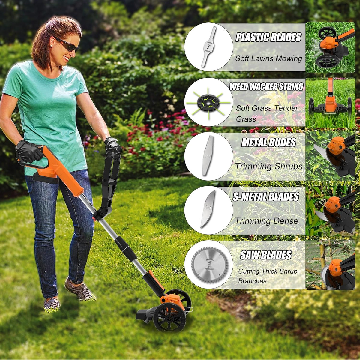 Weed Wacker Battery Powered Electric Cordless Weed Trimmer, with 2Pcs 21V Battery 5 Types Blades Lightweight Grass Trimmer Edger Lawn Tool, Push Wheeled No-String Trimmer for Garden Yard