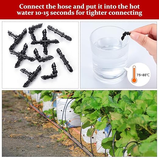 200 Pieces Drip Irrigation Fittings Kit for 1/4 Inch Tubing, 50 Straight Barbs, 50 Tees, 50 Elbows, 50 4-Way Couplings, Barbed Connectors with Plastic Box for Garden Lawn Drip, Sprinkler Systems,Black