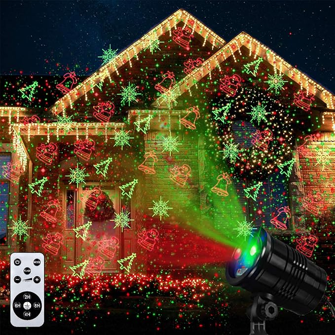 Christmas Laser Lights Outdoors Decoration Projector Light Waterproof LED Star Show for Xmas Decor House Home Yard Garden Patio Wall Indoor, Red and Green with Wireless Remote