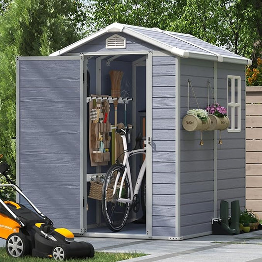 Aoxun 4'x6' Resin Outdoor Storage Shed Utility Tool Shed Storage House, Multi-Purpose Utility Tool House Applicable for Bike, Clutter Storage for Backyard, Patio - Gray