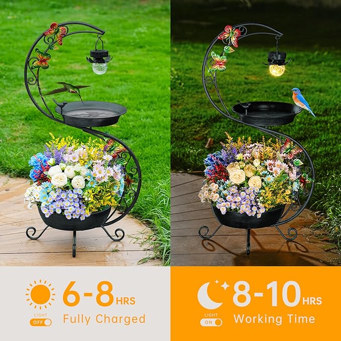 Bird Bath for Outside with Solar Lamp, 36" Birdbaths for Outdoors with Planter Flower Pot, Metal Bird Bath Bowl for Garden Yard Decor (All Black)