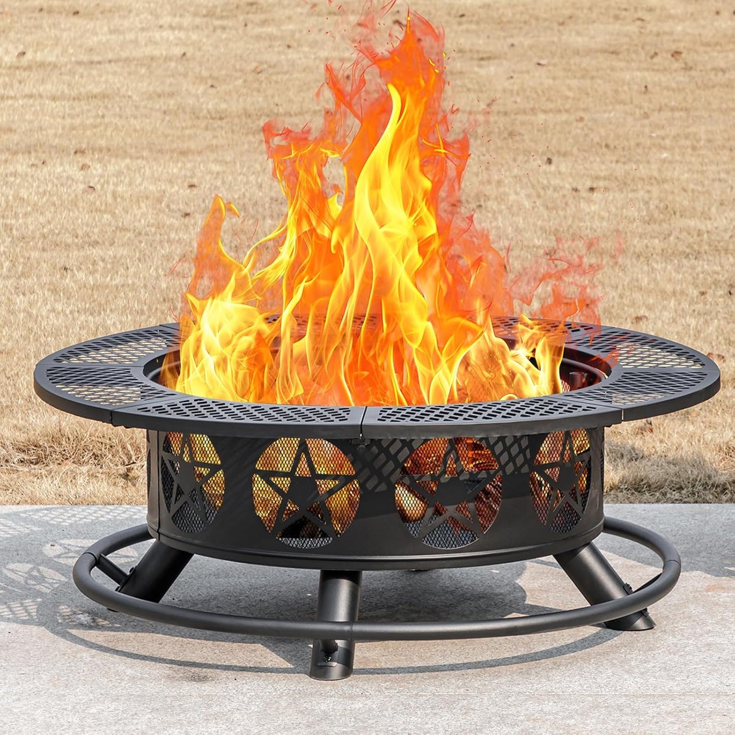 42 Inch Fire Pit with 2 Grills, Extra Large Wood Burning Fire Pits for Outside with Lid & Poker, Heavy Duty Firepit,BBQ& Outdoor Fire Pit & Round Metal Table 3 in 1 for Patio, Picnic, Party