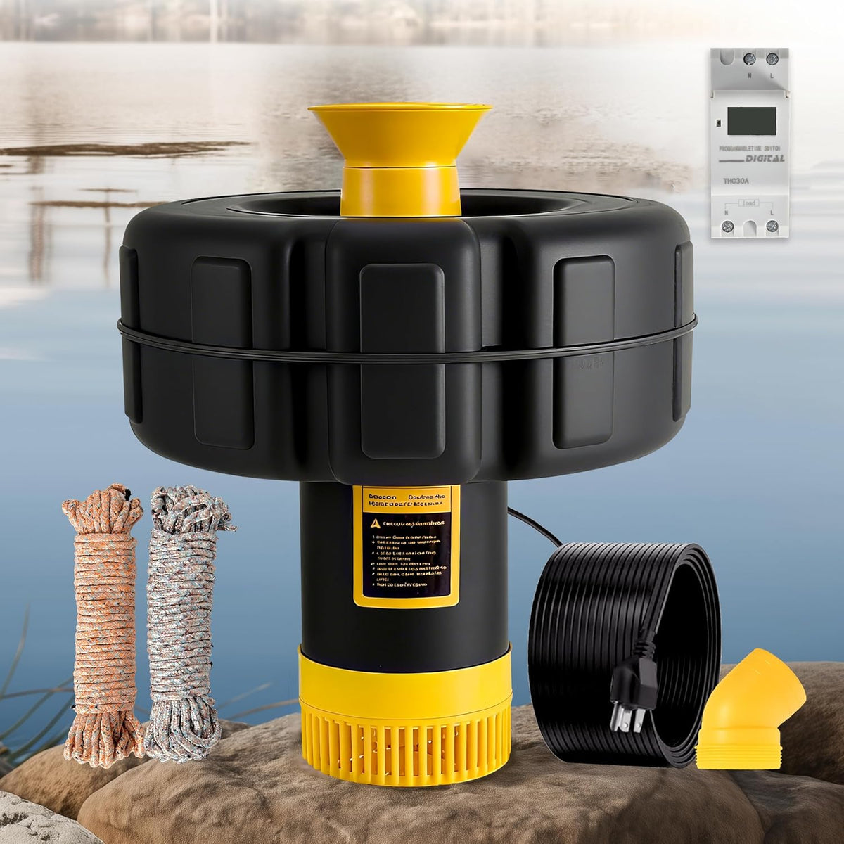 Pond Fountain Aerator, 1HP 15000 GPH Fountain Pump with Timer, 15A/110V 100FT power cord, 2 Spray Patterns, Energy-Efficient Water Circulation for Ponds & Lakes