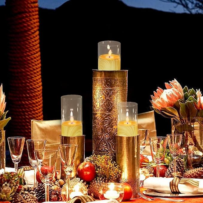 Battery Operated Candles with 6H Timer, 3 Pack Glass LED Flikcering Flameless Candles, Clear Pillar Candles with 3D Flame for Spring Wedding Home Bedroom Decor(Set of 3)