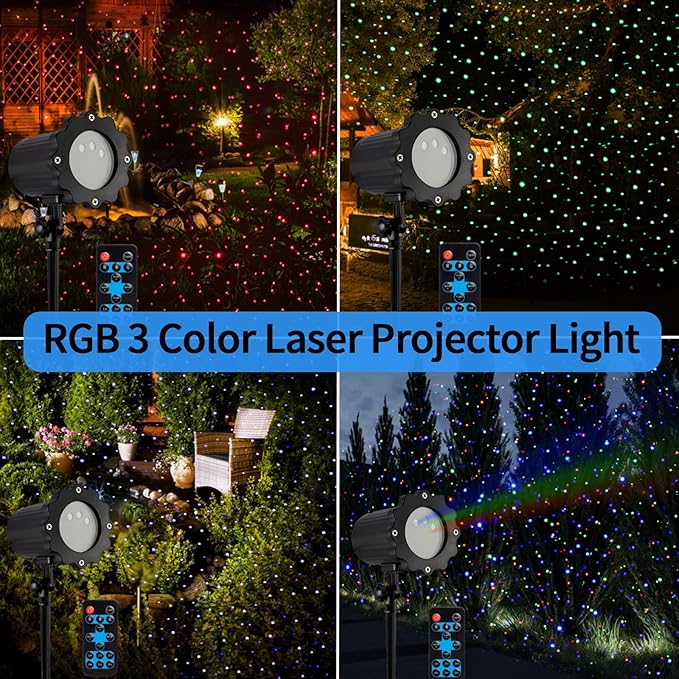Christmas Laser Projector Light, Wide Coverage RGB Holiday Laser Light Projector Outdoor, Waterproof Laser Star Projector with Remote and Timer for Xmas, Party, Garden, House Decoration