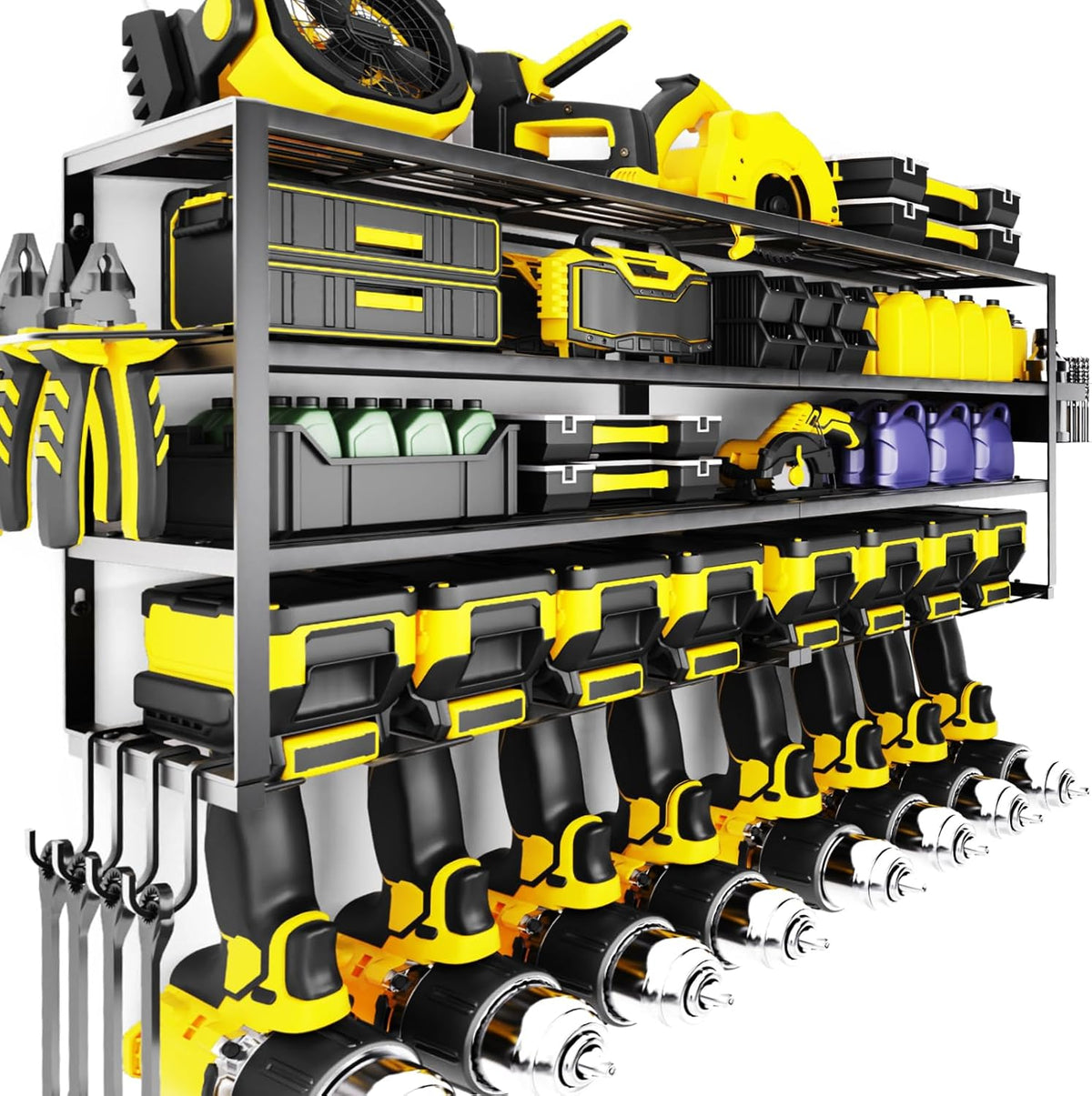 Large Power Tool Organizer Wall Mount for Fathers Dad, 4 Layers Heavy Duty Metal Garage Organization Loads 360lbs with 8 Cordless Drill Holder, Power Tool Shelf for Garage Workshop, Utility Racks