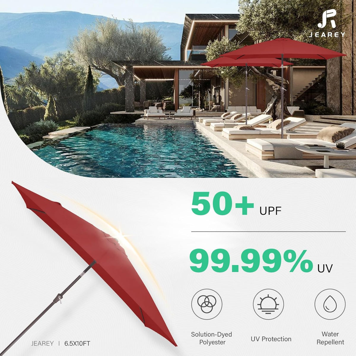 JEAREY 6.5x10 ft Rectangular Patio Umbrellas Outdoor Market Umbrella with Push Button Tilt and Crank, Rectangle Table Umbrella 6 Sturdy Ribs UV Protection for Pool Garden Backyard Deck, Red