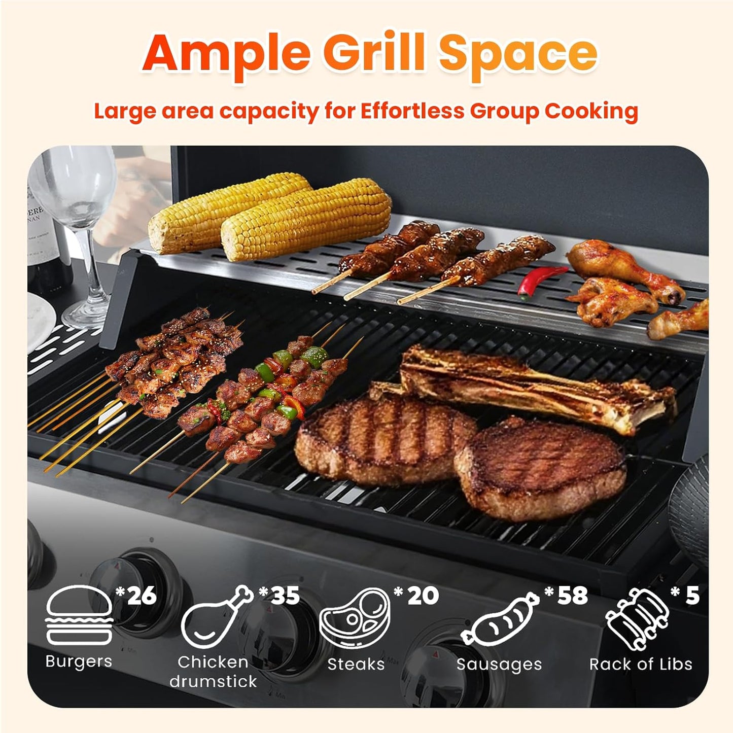 4-Burner Propane Gas BBQ Grill with Side Burner, Porcelain-Enameled Cast Iron Grates and Side Tables, 46,500 BTU Stainless Steel Grill for Outdoor Camping Barbecue Grilling Backyard Cooking