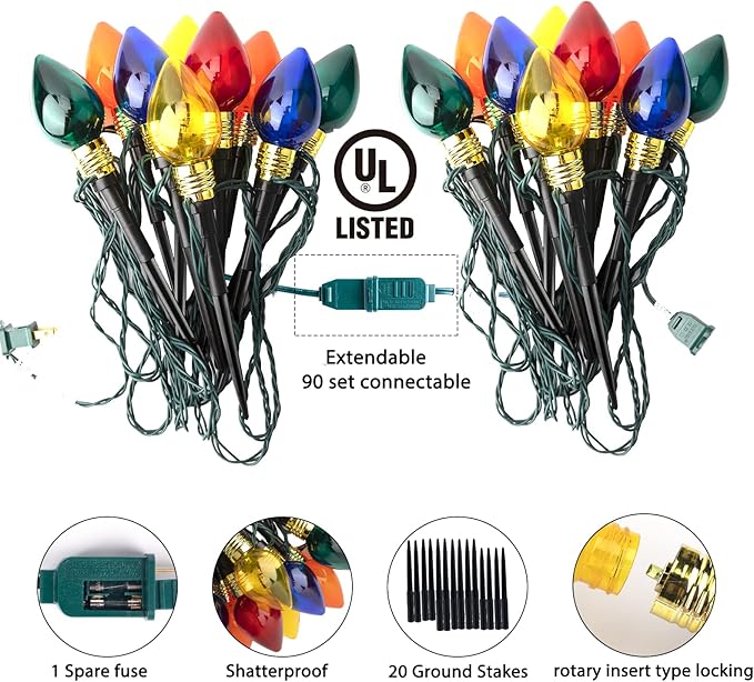 Brightown 4 Pack C9 Christmas Pathway Lights Outdoor Total 69.6 Ft 40 Lights Waterproof Connectable Walkway Lights for Yard Ground Sidewalk Driveway Christmas Decorations