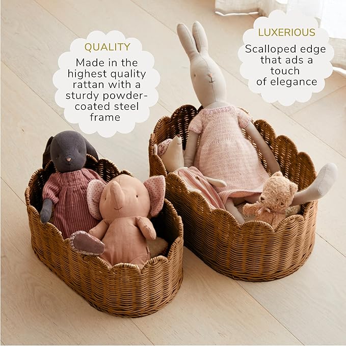 BEBE BASK Premium Scalloped Basket Set Of 2 - Scallop Basket - 16 x 10 x 7 Inch - Hand-Woven Elegant Wicker With Scalloped Edge - Nursery Storage (Mocca)