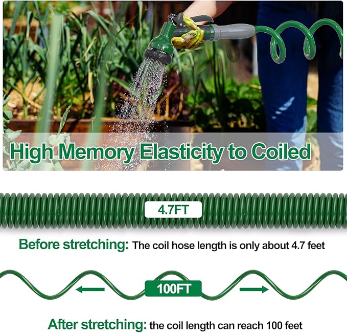 3/8" Lightweight Coil Garden Hose 100FT, EVA Flexible Curly Water Pipes with 6-Pattern Spray Nozzle for Boat, Greenhouse, Yard, Patio, Green