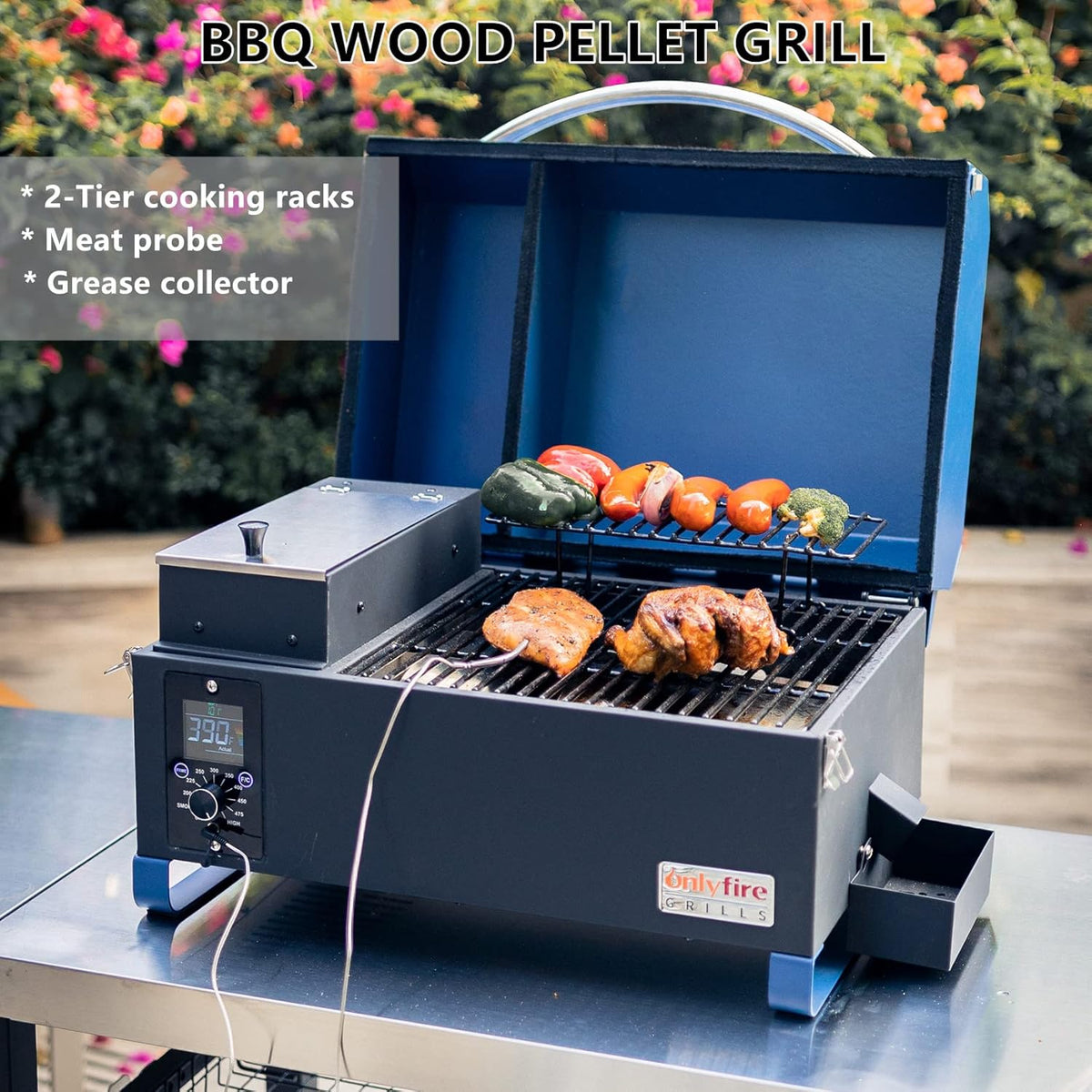 Onlyfire BBQ Wood Pellet Grill Smoker with Digital Control, LED Screen, Meat Probe & 2 Tiers Cooking Area, Portable Tabletop Grilling Stove for BBQ, Smoke, Bake and Roast, RV Camping, Blue