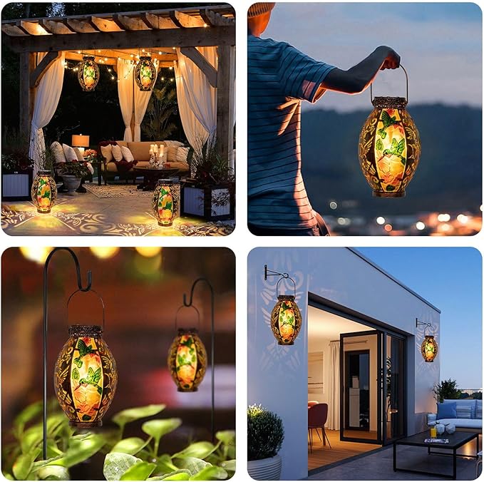 Hanging Solar Lantern Outdoor Waterproof Glass Solar Hummingbird Flickering Flame LED Garden Lights Metal Hollowed-Out Table Lamps Garden Decorations for Yard Patio Pathway Tabletop Tree Holiday
