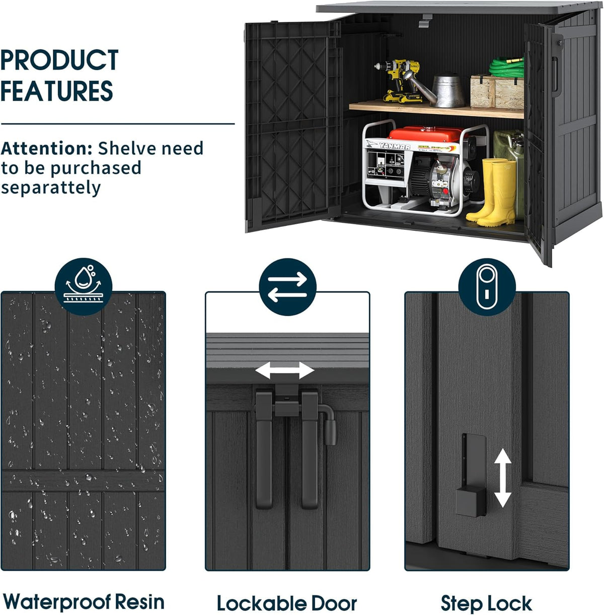 NUNU LAB Outdoor Storage Cabinet 36 Cu.Ft Garden Storage Shed Waterproof Lockable for Garden Hoses, Generator, and Lawn Mower