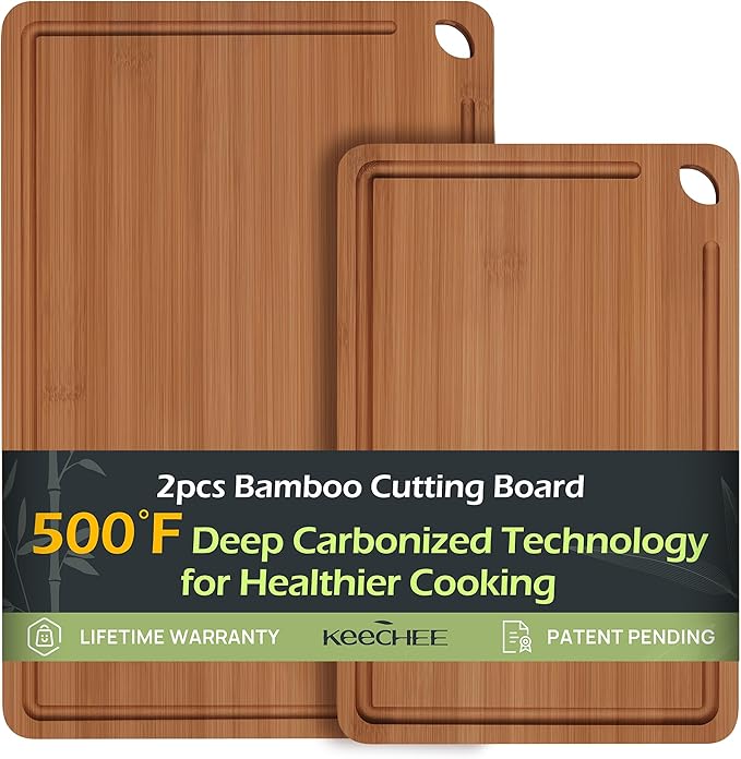 Butcher Block 2-Pcs Carbonized Bamboo Cutting Board Set With Juice Groove For Meal Prep & Cheese Serving - Ideal Kitchen Gift Set of 2 (M+L)