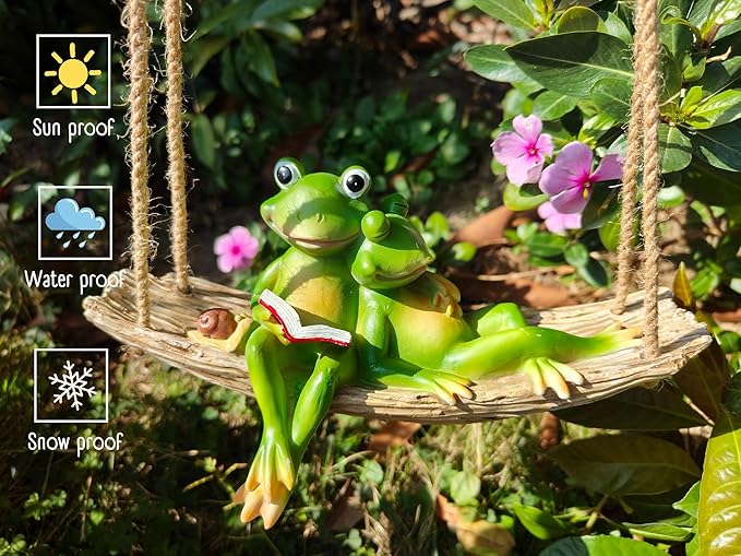 Artisan Flair Hanging Swing Frog Statues - Frog Statues for Garden Outdoors, Reading Book Frog Statue Figurine, Resin Couple Frog Statue for Garden, Balcony, Tree Decoration