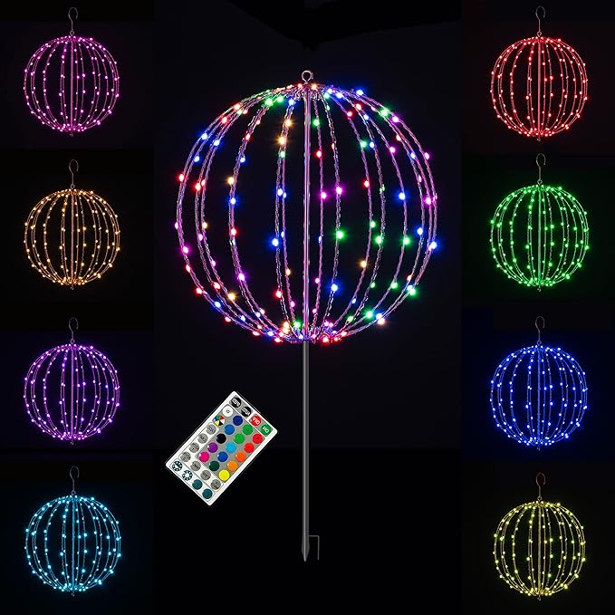 Christmas Ball Sphere, 16IN 128LED Hanging Tree and Pathway Light With Hook and Stake, Foldable Metal Frame Ball for Outdoor Garden, UL Listed, Brown Frame, RGB
