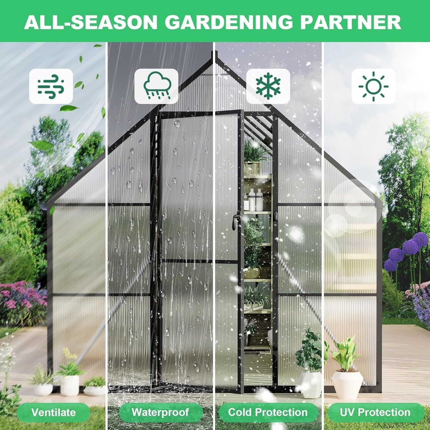 Greenhouse 8x16 FT Aluminum-Framed Heavy Duty Polycarbonate with Quick Setup Structure and Roof Vent Large Enhanced Outdoors Green House Kit