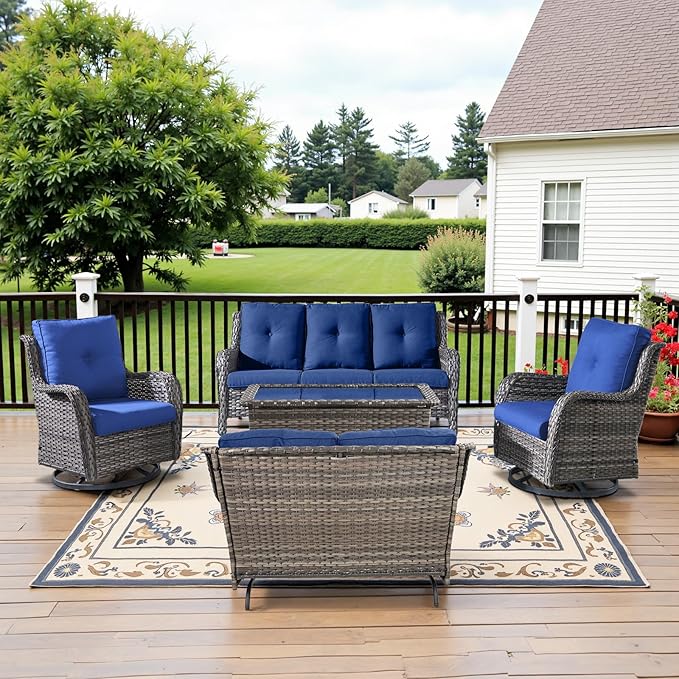 5 Piece Outdoor Patio Furniture Set - Outdoor Conversation Couch and Loveseat Glider Chair Furniture Set with Rattan Coffee Table for Deck Balcony Poolside Gray Wicker/Blue Cushions