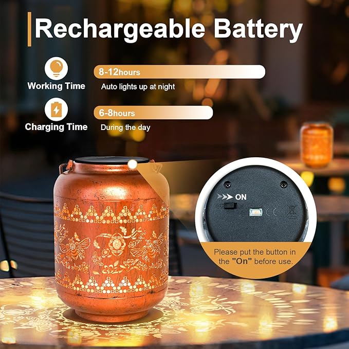 2Pack Bee Solar Lanterns Outdoor Hanging Waterproof Lanterns Garden Decor Christmas Gifts for Women Mom Grandma Metal Solar Lights Decoration Outside for Yard, Patio,Pathway Landscape