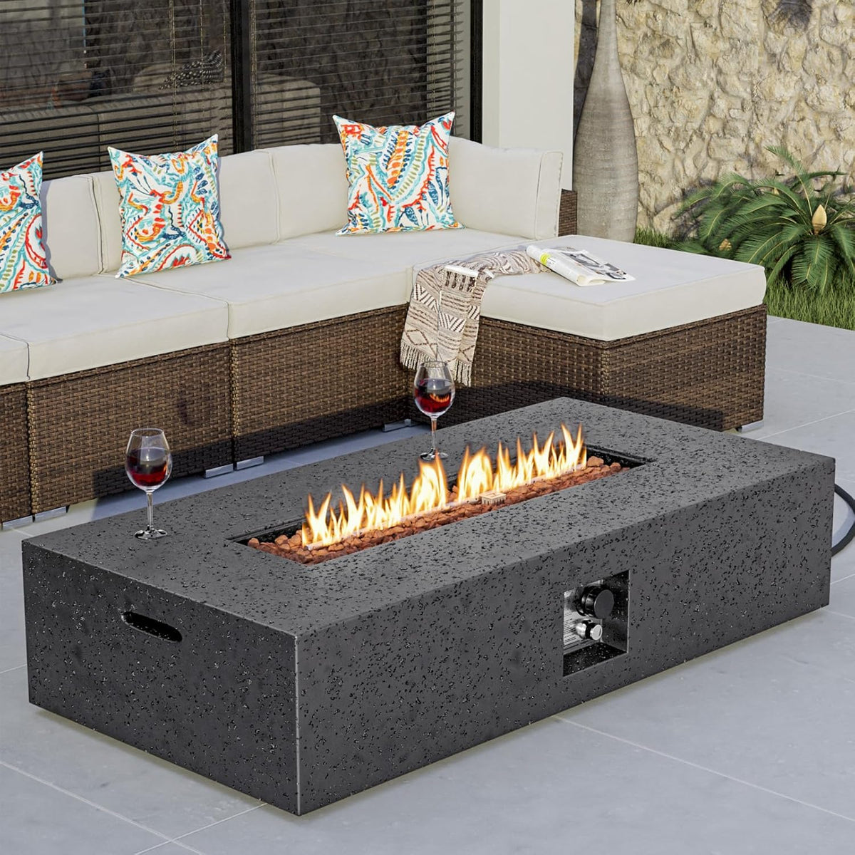 COSIEST 56-inch x 28-inch Outdoor Propane Fire Pit Coffee Table w Concrete Rectangle Base, 50,000 BTU, Free Lava Rocks and RainCover, Fits 20lb Tank Outside, Gray