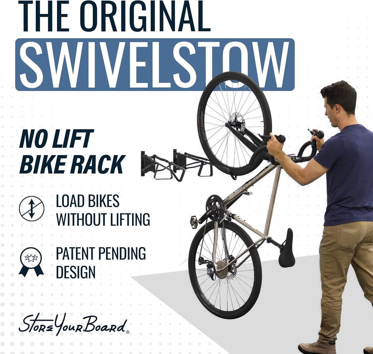 StoreYourBoard SwivelStow Road & Gravel Bike Storage Rack 4 Pack – Heavy Duty Bike Hanger, No-Lift Bike Wall Mount for Garage Bike Storage, Holds 70 lbs, Patent-Pending
