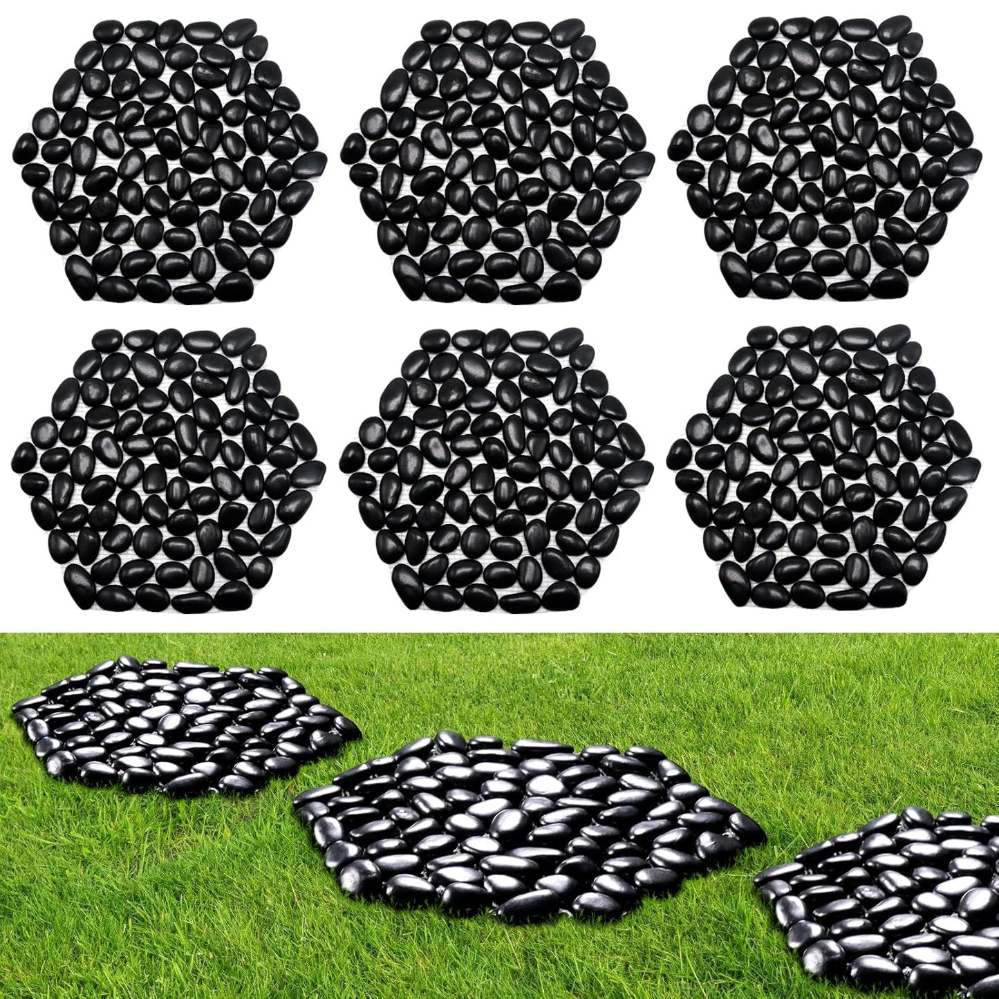 10in River Rock Stepping Stones Set - 6 Pack | Polished Pebble | Long-Lasting PVC Mesh Backing | Perfect for Garden Paths and Lawns Outdoor Landscaping Decoration | Black Rhombus