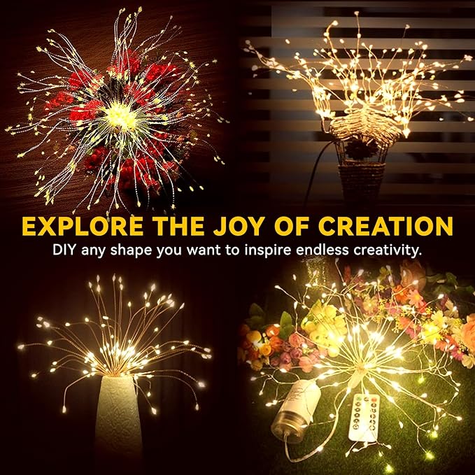 4 Pack Firework Lights - 120 LED Copper Wire String Lights with 8 Modes, Dimmable, Remote Controlled, Waterproof for Party, Home, Christmas, Garden, Outdoor Decoration