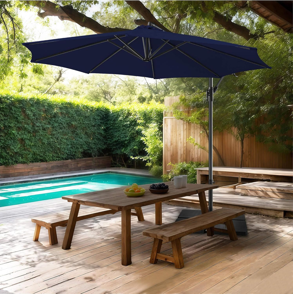 FLAME&SHADE 10ft Cantilever Patio Umbrella Outdoor, Large Offset Umbrella with Crank and Cross Base, UPF 50+ UV Protection Hanging Umbrella for Pool Deck Garden, Navy Blue