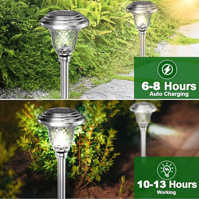 BEAU JARDIN 8 Pack Solar Pathway Lights Outdoor Stainless Steel Lights Solar Powered Waterproof Glass High Lumen Garden Landscape Path Yard Walkway Driveway Outside Color Changing Cool White Silver