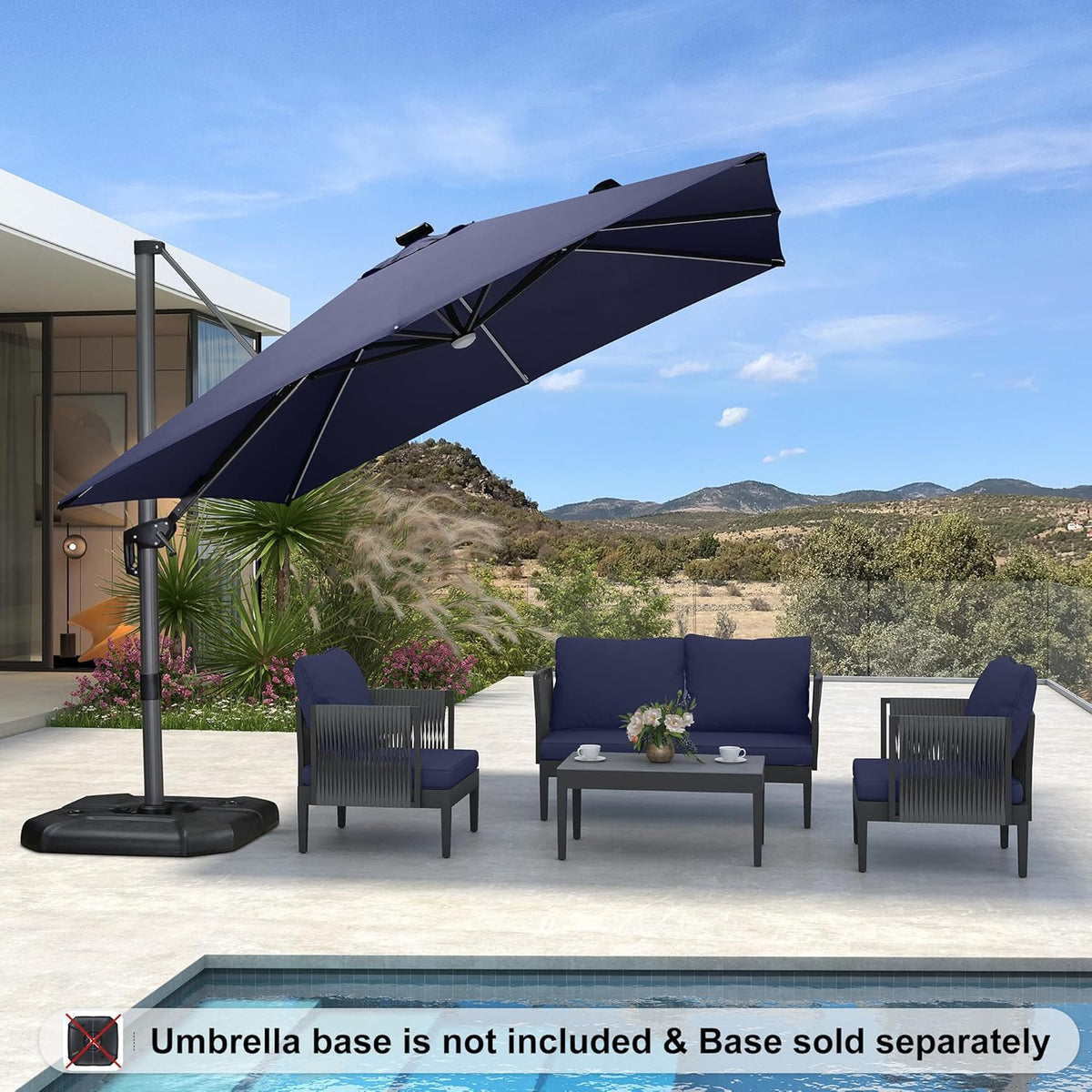 PURPLE LEAF 10 Feet Patio Umbrella Solar Powered LED Square Outdoor Cantilever Umbrella with LED Lights Aluminum Offset Umbrella with 360-degree Rotation for Garden Deck Pool Patio Navy Blue