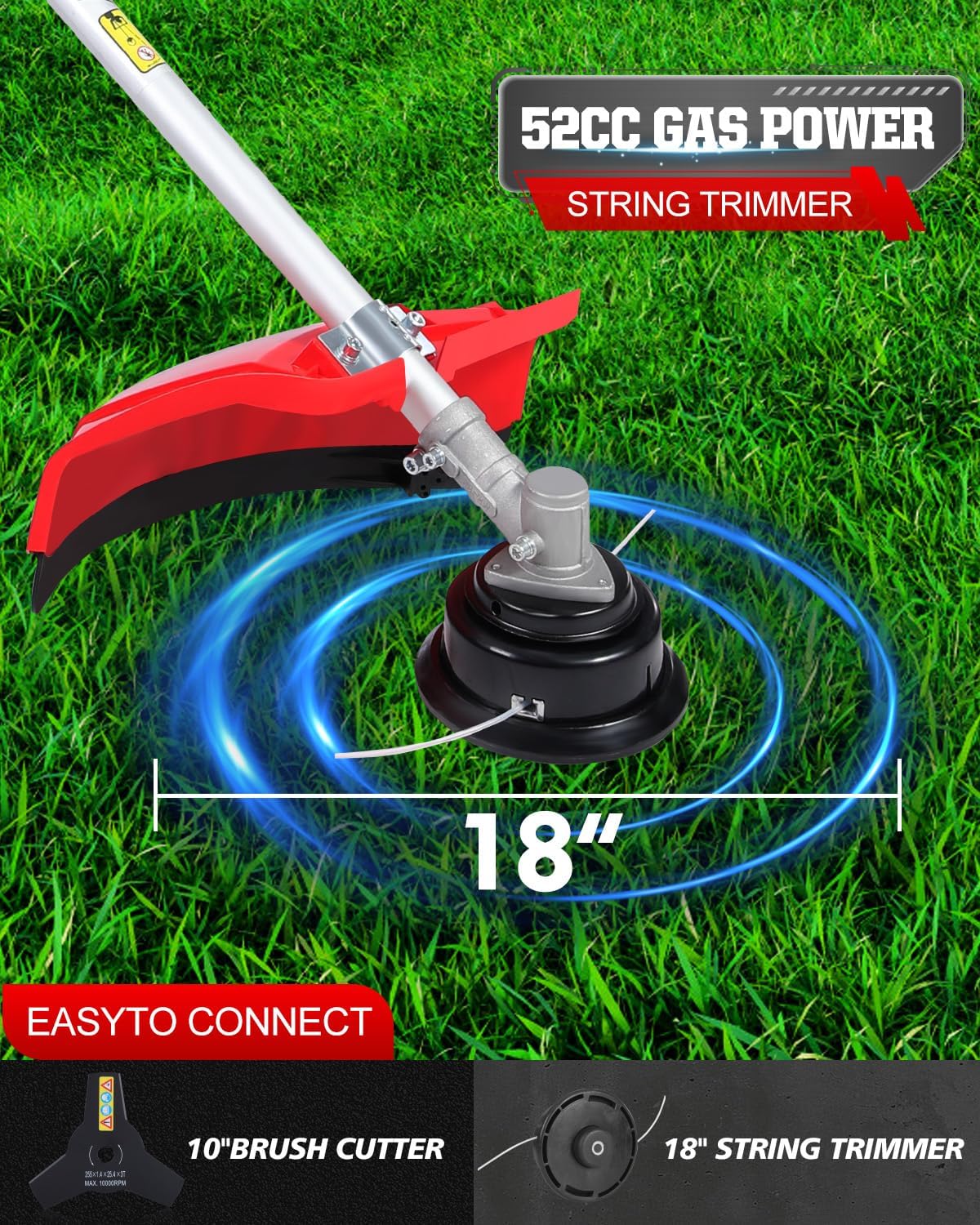 52cc Gas Powered Weed Eater and Brush Cutter 3-in-1, Heavy Duty Straight Shaft String Trimmer with Harness and 2 Heads for Tough Weeds, Grass, and Land Clearing (PT6082)