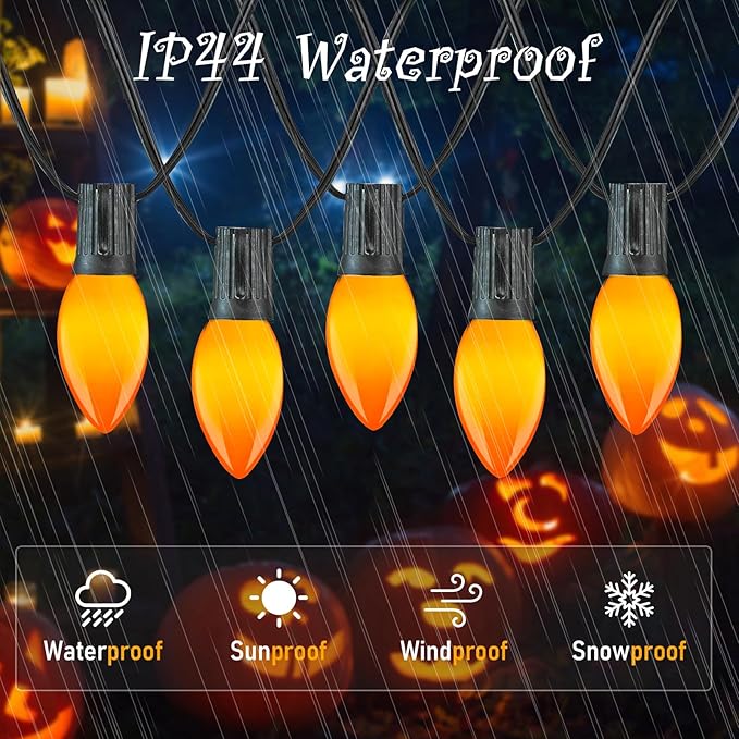 25FT LED Halloween Outdoor String Lights with 26 C9 Candle Shape Shatterproof Plastic Bulbs,2700K Waterproof Connectable Orange LED String Lights for Home Garden Halloween Christmas Fall Decor