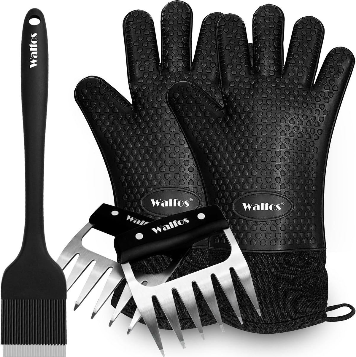Walfos BBQ Gloves - 500°F Heat Resistant Grilling Gloves Set with Meat shredding Claws & Silicone Brush, Non-Slip Kitchen Silicone Oven Mitt, for Barbecue, Cooking, Baking, Cutting, Black
